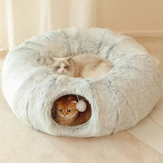 2 In 1 Soft Plush Cat Beds House Funny Cat Tunnel Toy Round Cat Dog Sleeping Bed Nest for Small Dogs Kittens Cushion Mat Kennel - Chachachats